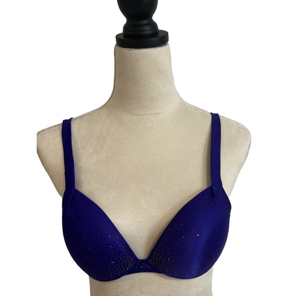 VICTORIA’S SECRET Plunge Satin Midnight Blue W/‎ Padded Bra Size 34C